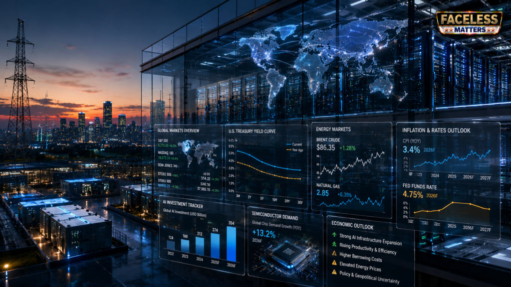 AI Investment 2026 represented by a global data center, financial markets, bond yields, energy prices and economic indicators