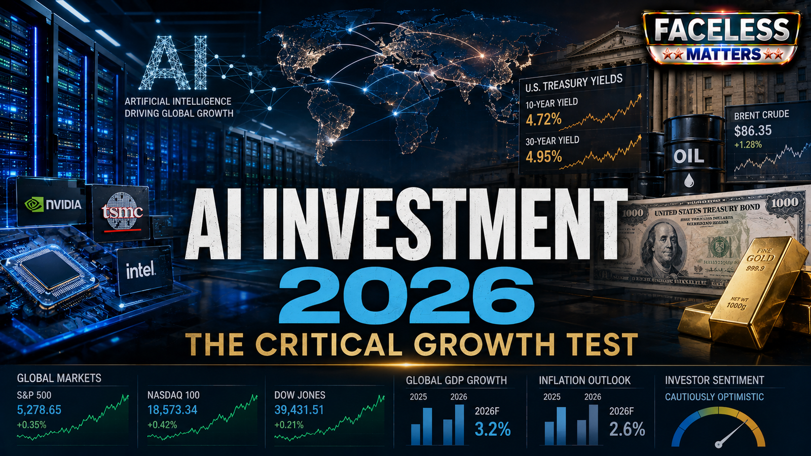 AI Investment 2026 growth and financial market risk represented by global markets, data centers, bond yields and oil prices