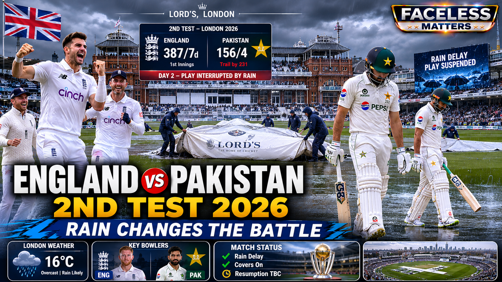 England vs Pakistan 2nd Test 2026 at Lord’s with rain and cricket action