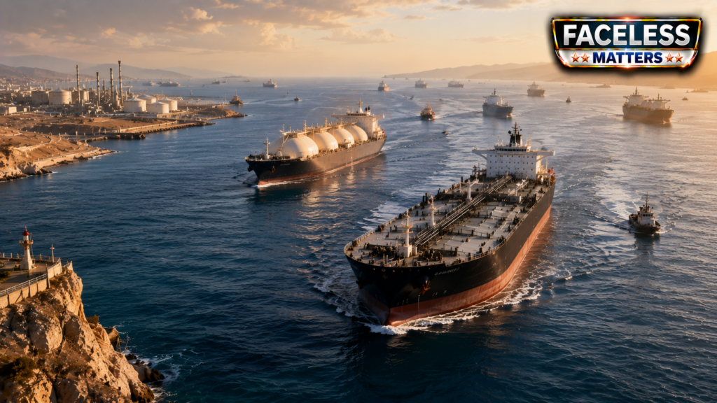Oil and LNG tankers navigating the Strait of Hormuz during the Global Energy Supply Crisis 2026
