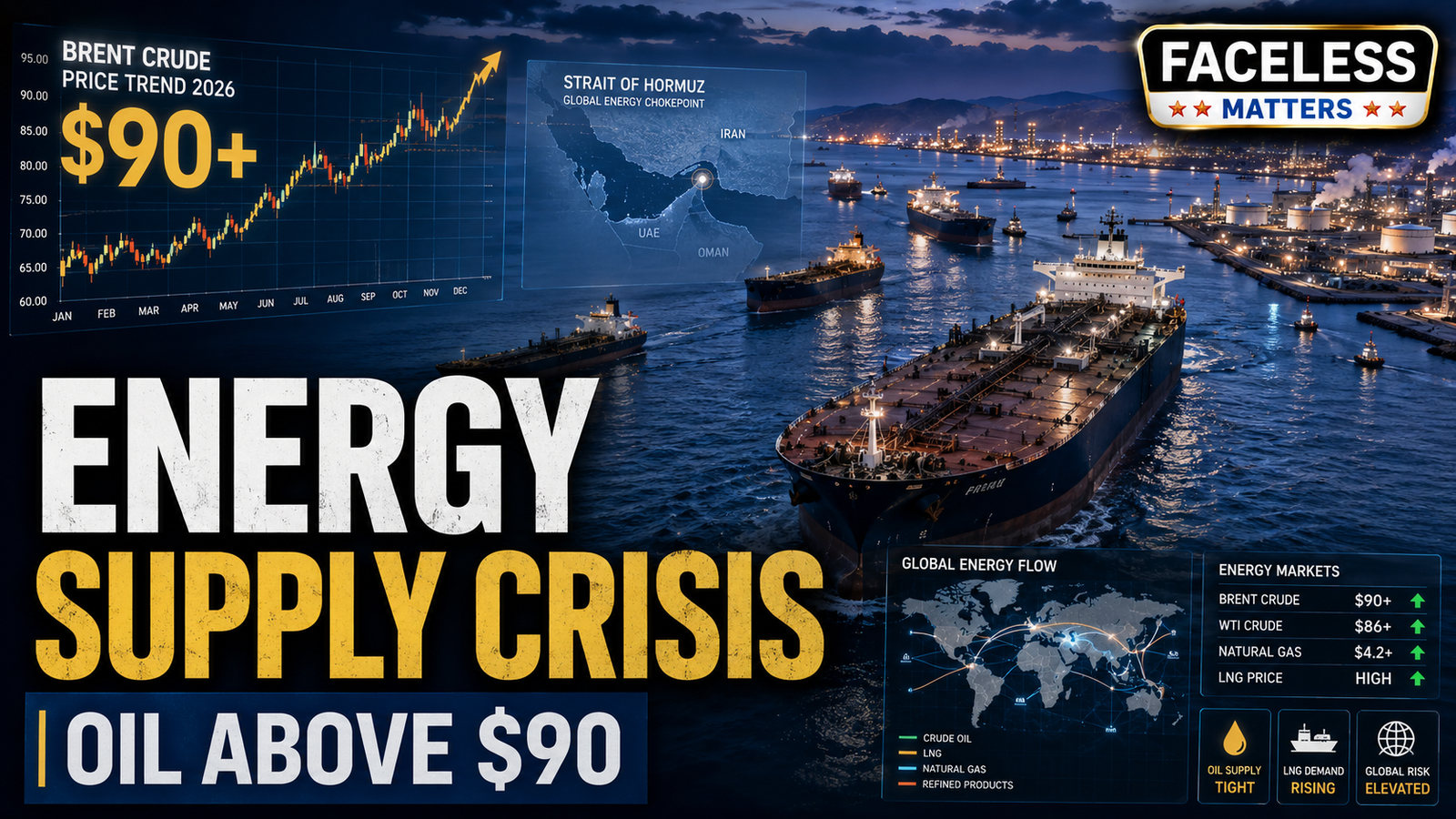 Global Energy Supply Crisis 2026 with oil tankers near the Strait of Hormuz