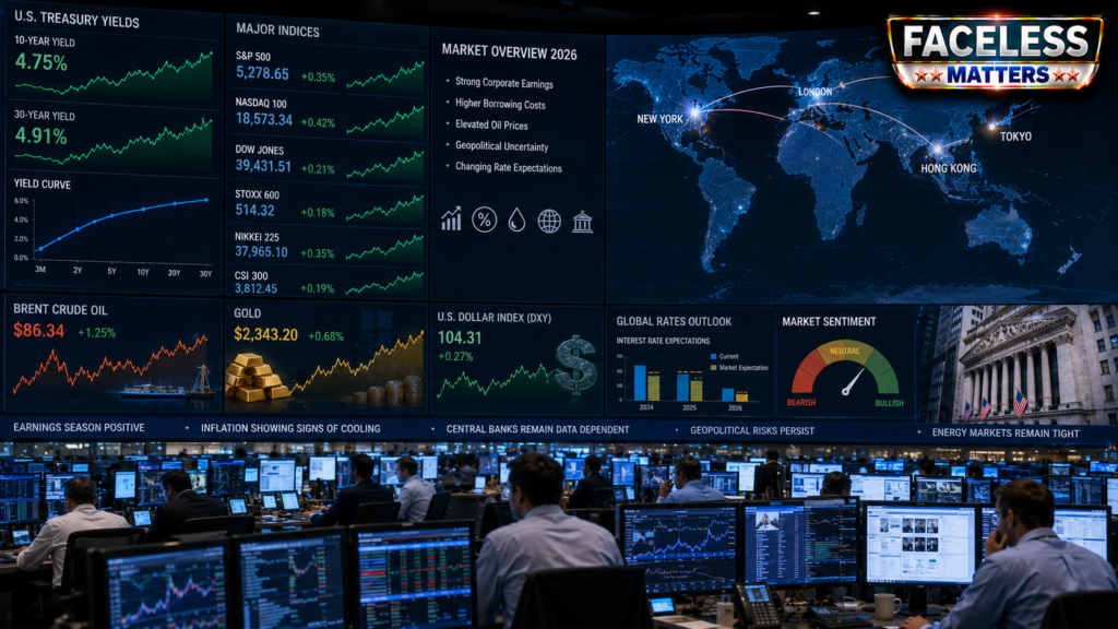 Global Markets 2026 financial trading room with stocks bonds oil and gold
