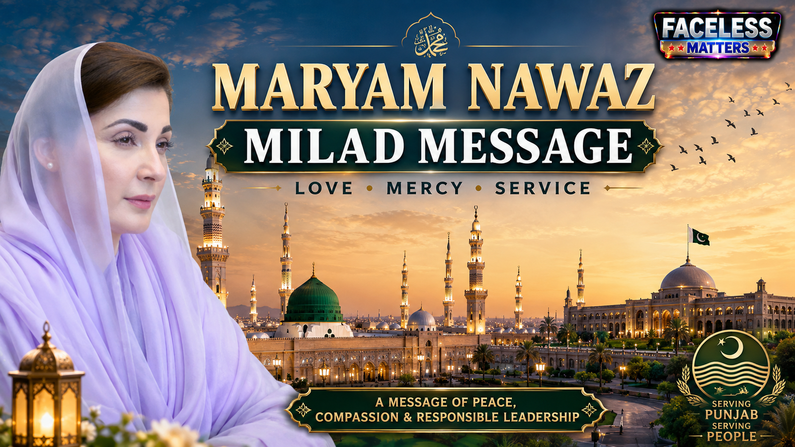 Maryam Nawaz Eid Milad-un-Nabi message 2026 with Madinah and Green Dome