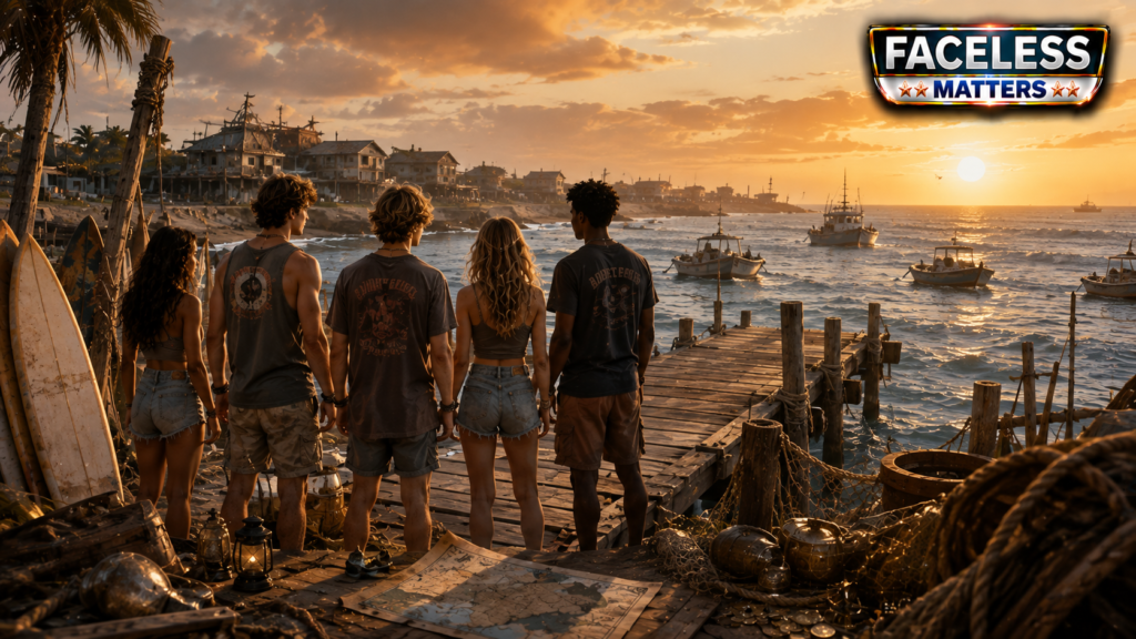 Outer Banks Season 5 finale on a coastal island with boats and adventure setting