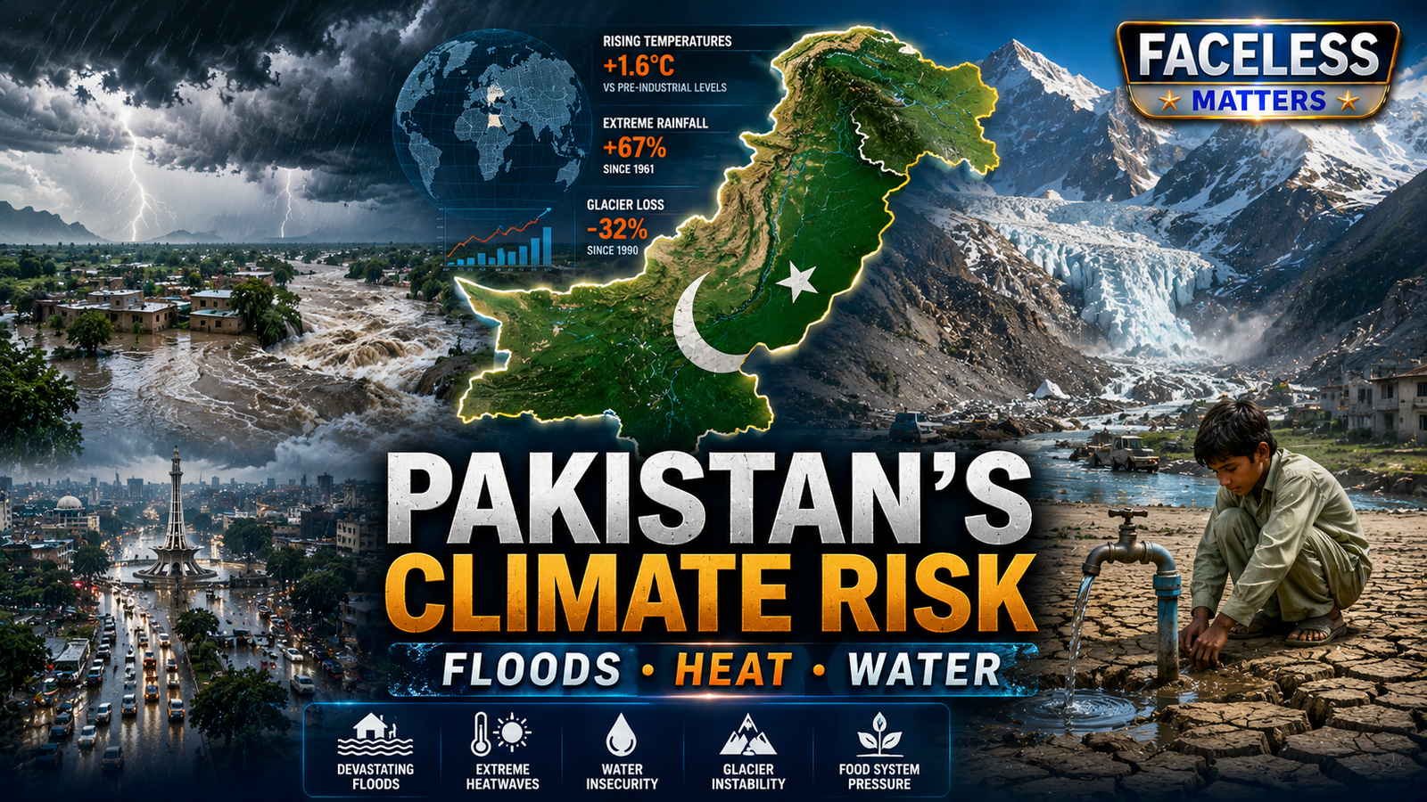 Pakistan Climate Risk 2026 showing floods, extreme heat, water insecurity and glacier instability