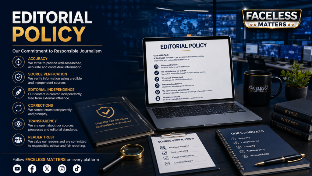 FACELESS MATTERS Editorial Policy covering accuracy, source verification, independence, and reader trust