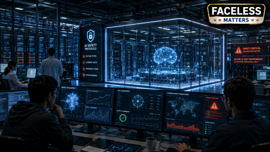 Advanced AI research facility representing OpenAI safety concerns and the slowdown of frontier AI development in 2026