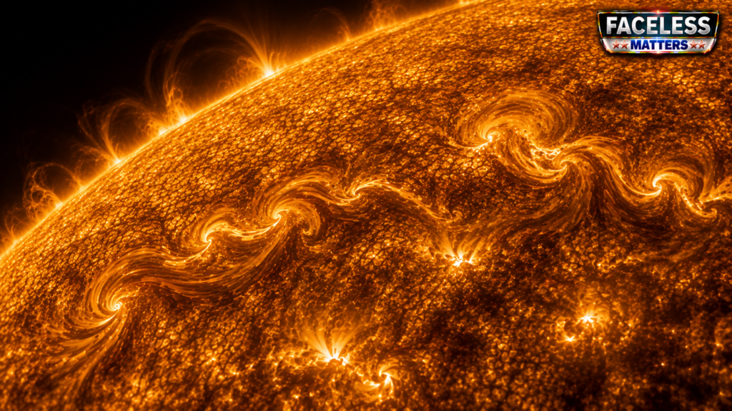 Solar surface showing swirling Kelvin-Helmholtz instability patterns in moving plasma