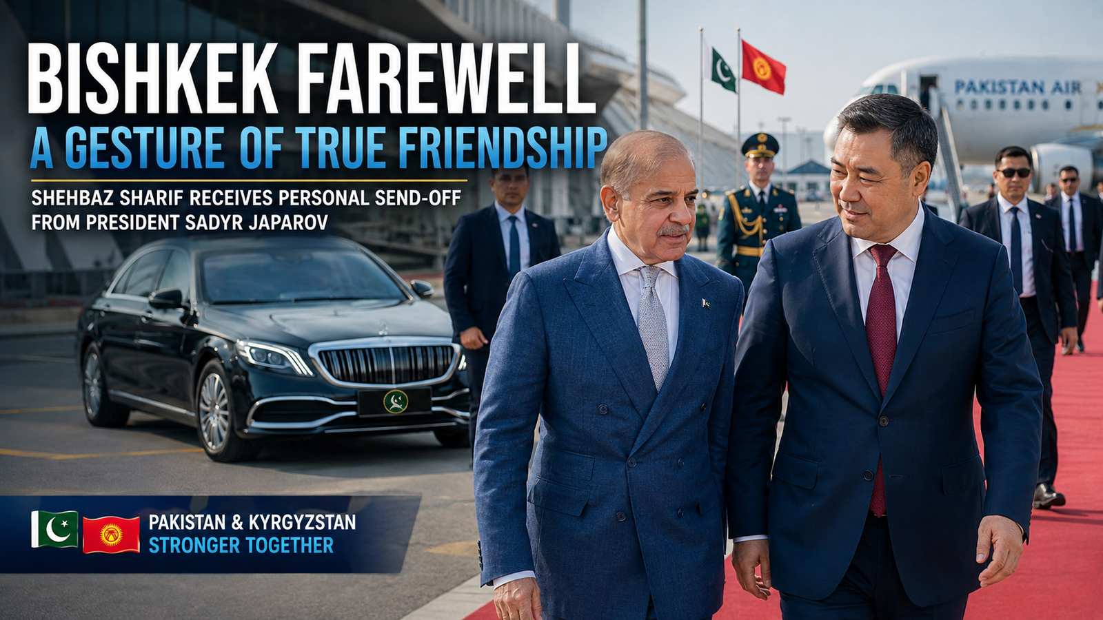 Kyrgyz President Sadyr Japarov drives Prime Minister Shehbaz Sharif to the airport in Bishkek