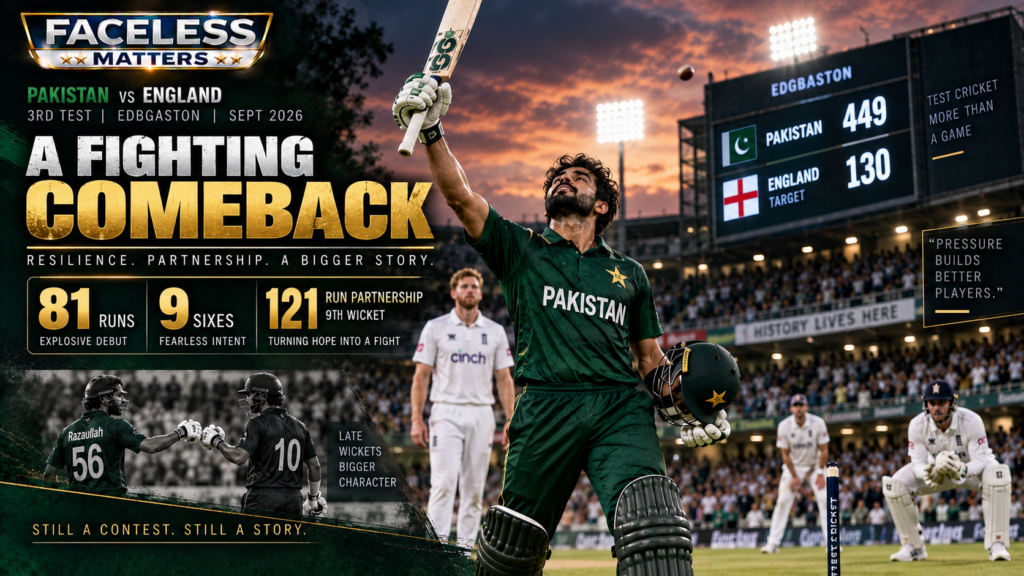 Razaullah celebrates after scoring 81 for Pakistan against England at Edgbaston