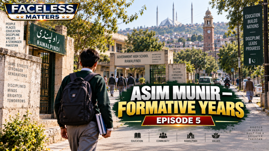 Asim Munir formative years in Rawalpindi represented through a premium editorial reconstruction of education and youth