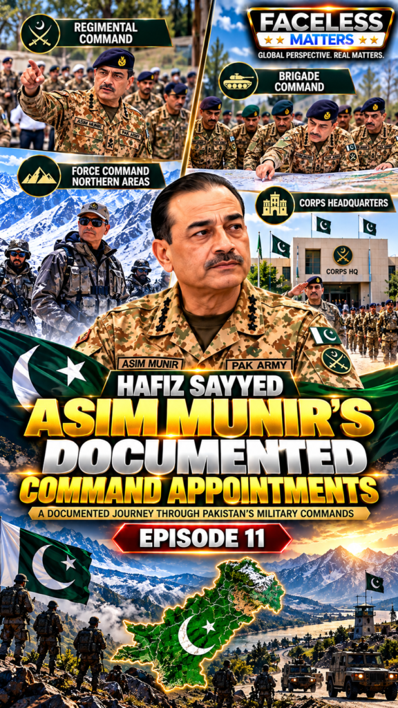 Hafiz Sayyed Asim Munir documented command appointments in Episode 11, featuring regimental, brigade, northern areas and corps command visuals