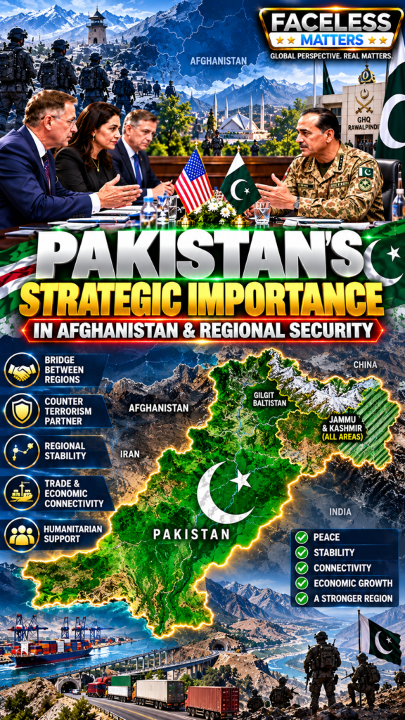 Pakistan strategic importance in Afghanistan and regional security with Pakistan and US diplomatic meeting, regional map and connectivity visuals