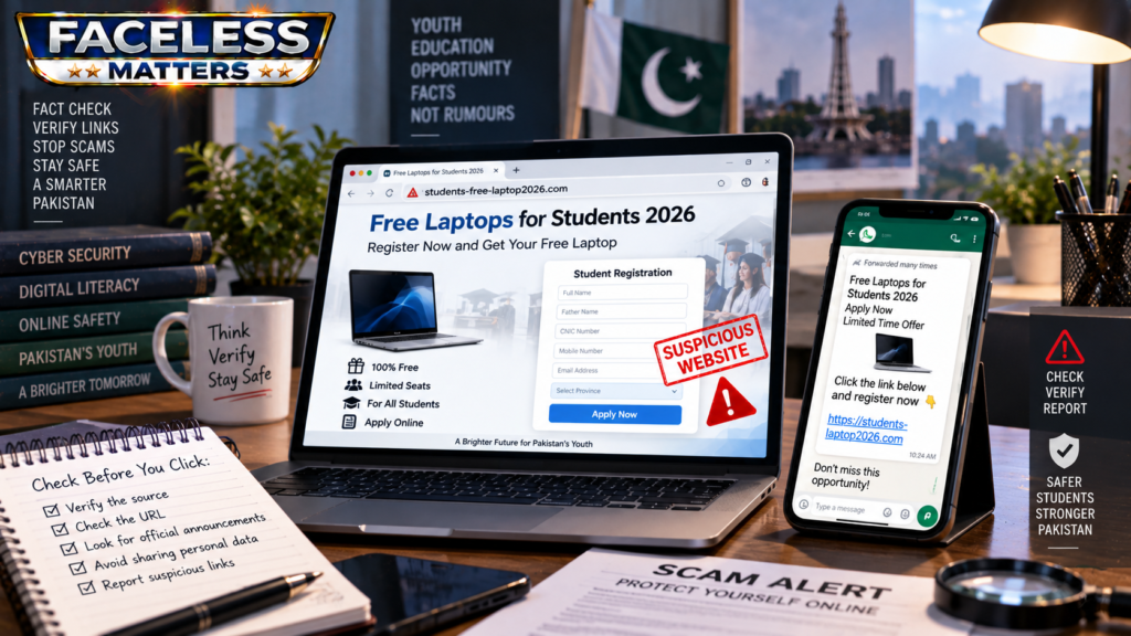 Free Laptops for Students 2026 website and WhatsApp sharing phishing scam in Pakistan