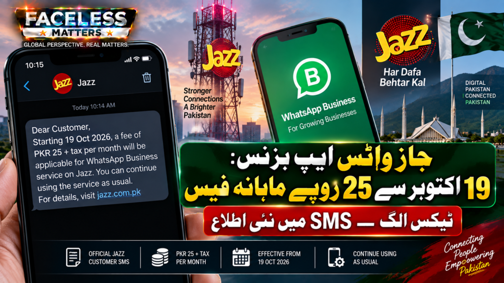 Jazz WhatsApp Business pricing notice showing PKR 25 monthly fee plus tax from October 2026
