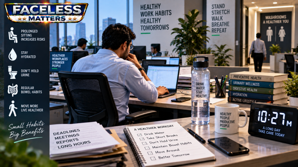 Office Health Risks from prolonged sitting, dehydration and ignored bathroom urges