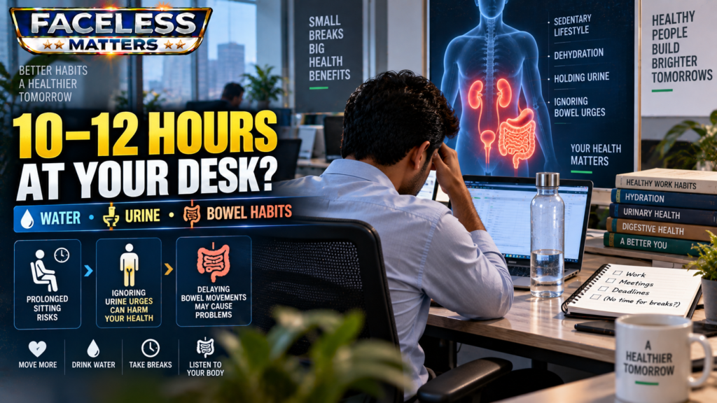 Office worker sitting for long hours with low water intake and unhealthy toilet habits