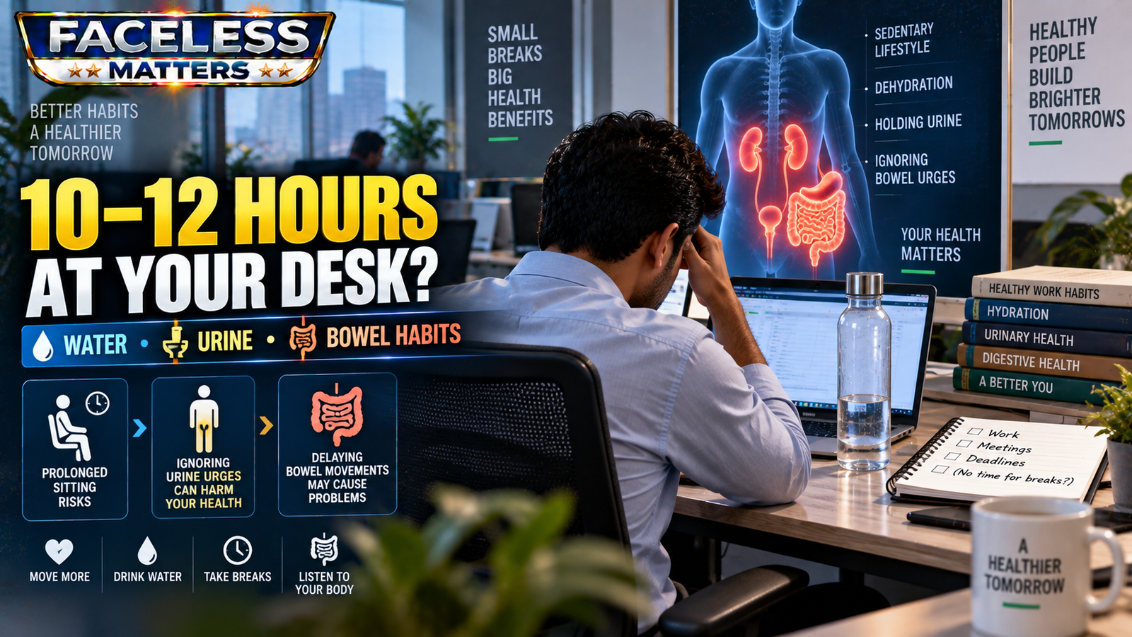 Office worker sitting for long hours with low water intake and unhealthy toilet habits