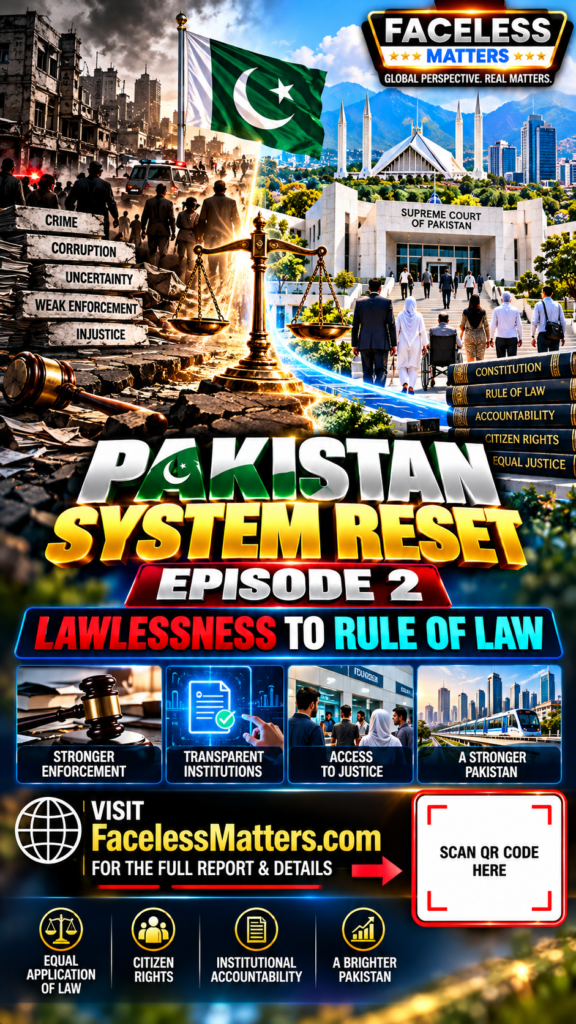 Pakistan System Reset Episode 2 TikTok visual promoting the Rule of Law Pakistan report on FacelessMatters.com