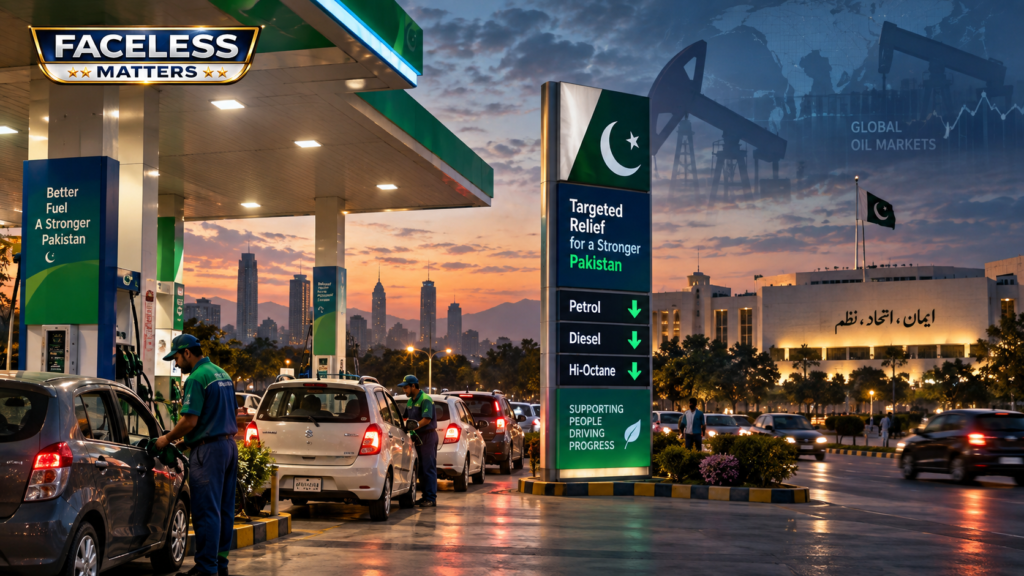 Pakistani motorists and petrol station representing the government’s targeted fuel relief scheme