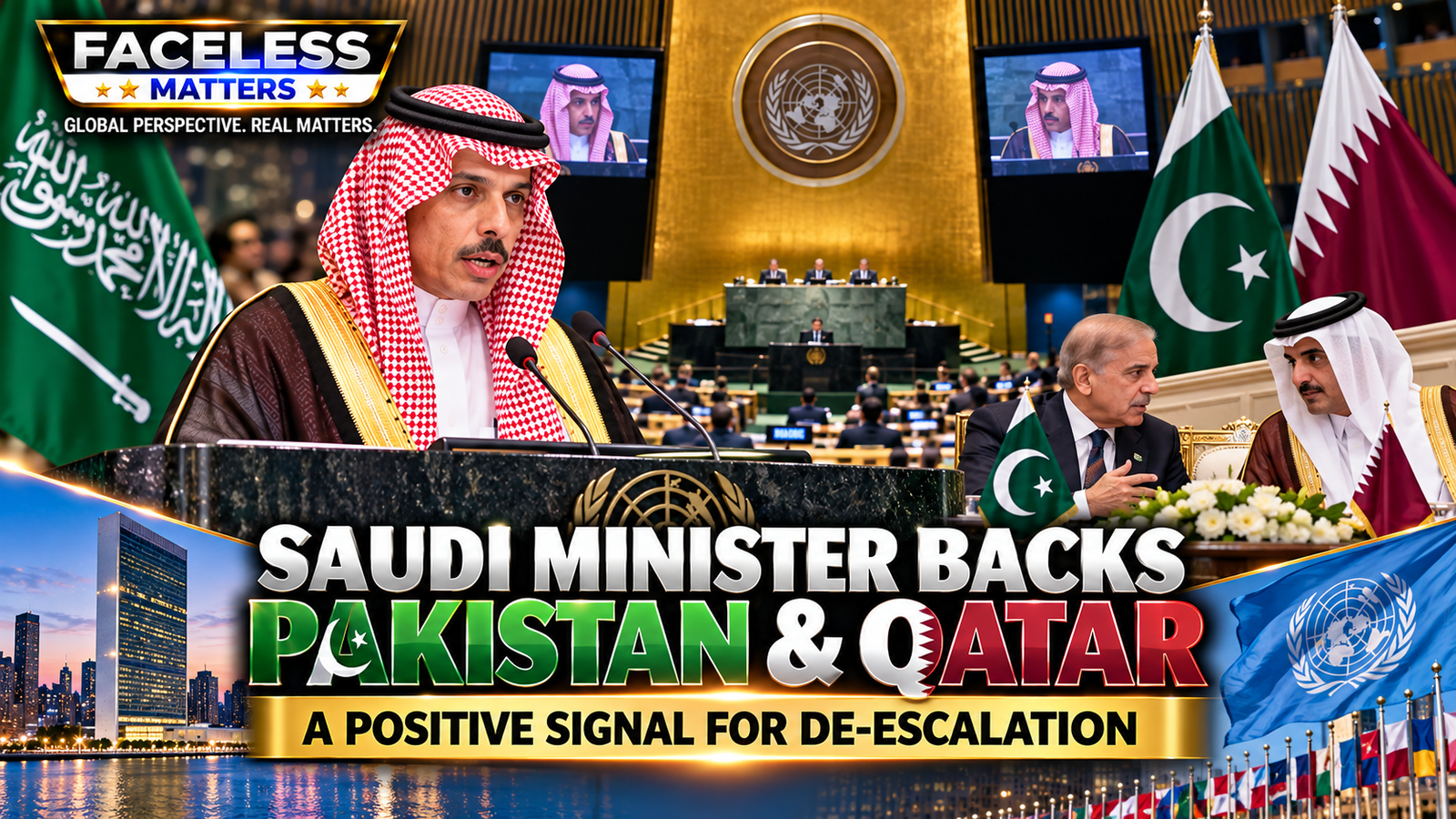 Saudi Foreign Minister Faisal bin Farhan speaking at UN General Assembly while supporting Pakistan and Qatar de-escalation efforts