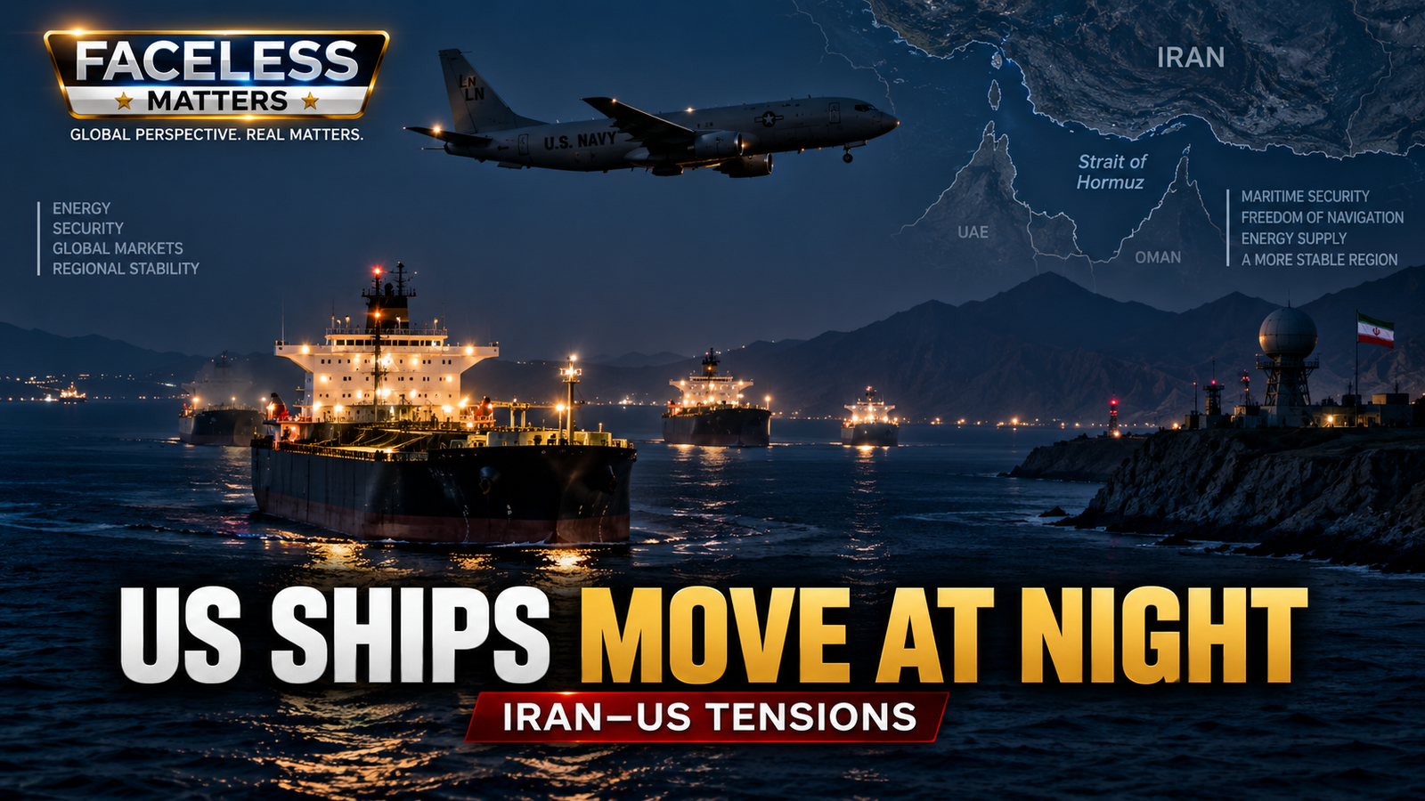 US-supported ships moving at night through the Strait of Hormuz amid Iran tensions